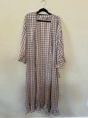 Nordstrom Purple Gingham Long Robe Wrap, Ruffle Trim, Size Women's Large